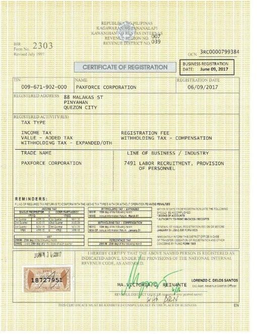 BIR CERTIFICATE OF REGISTRATION