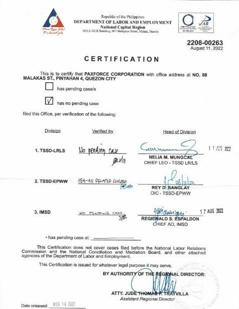 NO PENDING CASE CERTIFICATE - DOLE